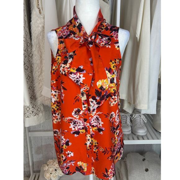 A New Day Women's Size S Orange Floral Tie Neck Sleeveless Blouse #0506 - Picture 1 of 12
